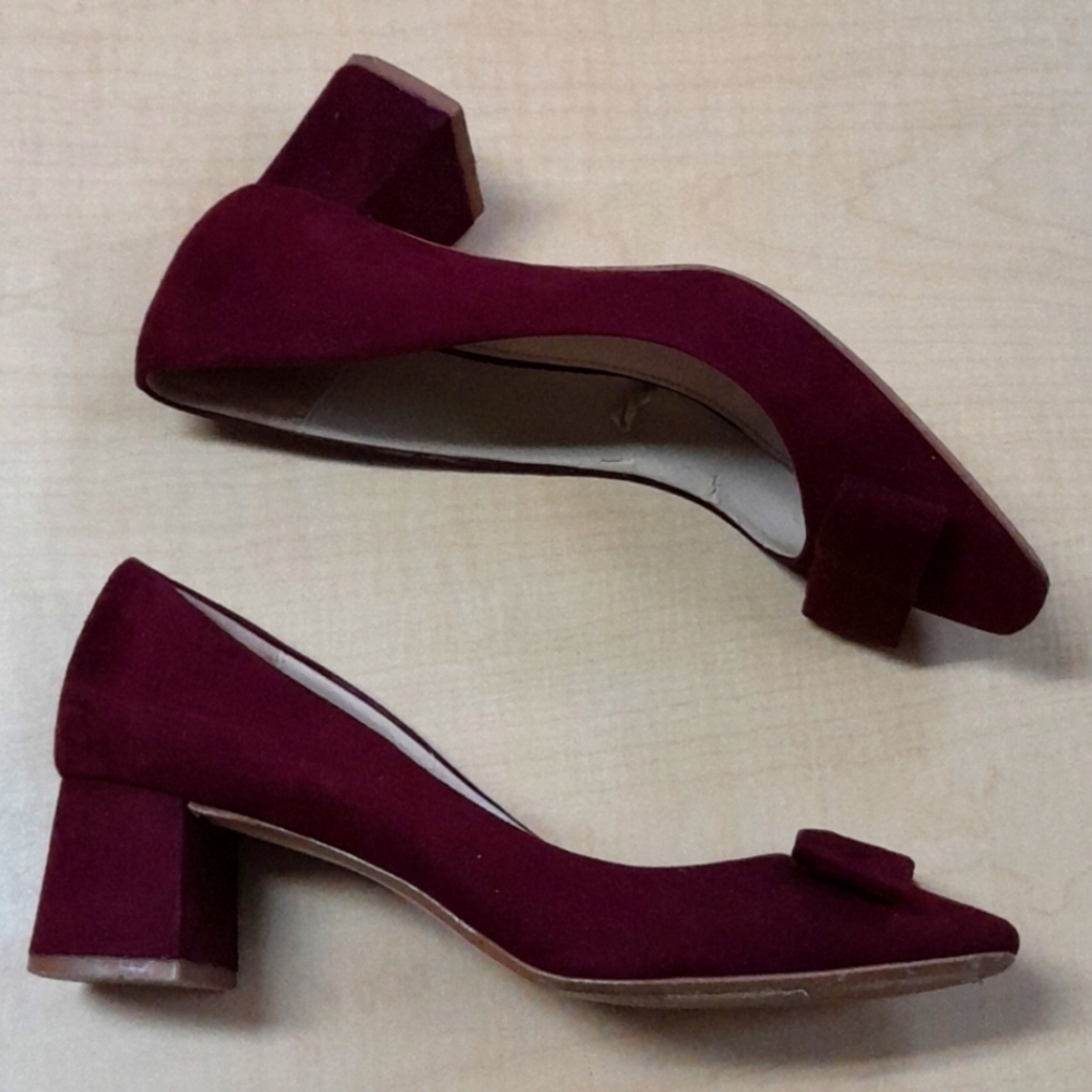 ZARA BURGENDY bow Suede Block Heels Shoes size 8